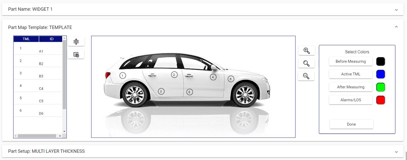 Plantilla interactiva personalizable para medir el espesor de la pintura en automóviles