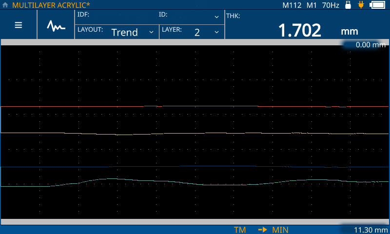 Trend: Zobrazení trendu pro ultrazvuková měření tloušťky 