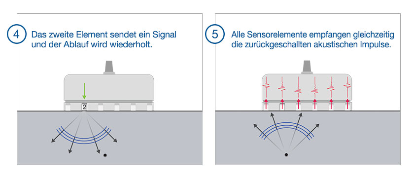 (4) Das zweite Element der FMC-Sequenz sendet ein Signal. (5) Alle Sensorelemente empfangen das zurückgeschallte Signal.