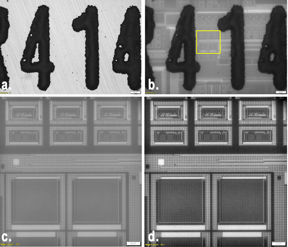 DP23M 흑백 카메라로 촬영한 명시야 이미지 5배, a.) 명시야 이미지 5배 b.) IR 이미지 5배(BP 1,100nm 필터), c.) 크롭된 디테일 20배 IR, d.) DCE 필터링을 포함하는 20배 IR 크롭된 디테일
