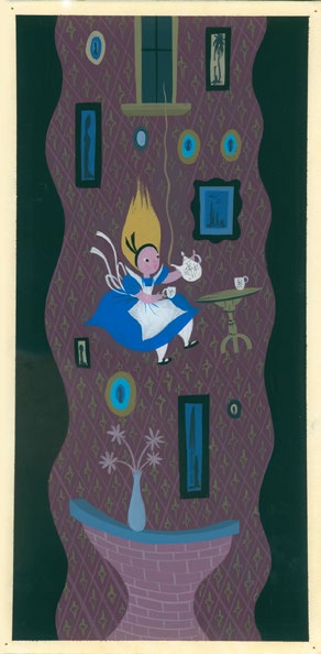 A close-up of Mary Blair's Alice falling down the rabbit hole conceptual artwork. (Photo courtesy of the Walt Disney Family Foundation. All Disney characters copyrighted by Disney.)