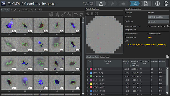 Example of the classifying contamination according to size in the software
