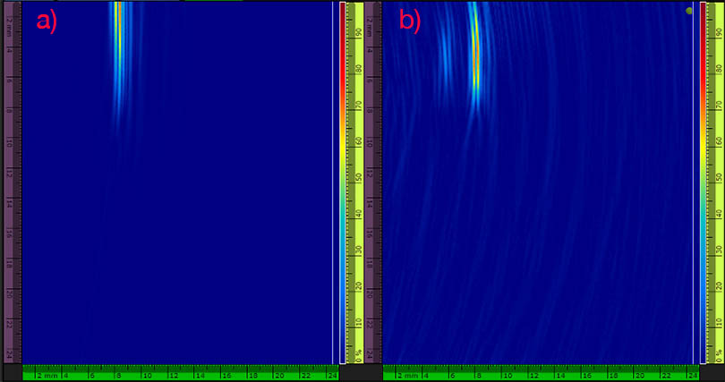 Figure 8 : Images TFM obtenues au moyen a) du mode 5T et b) du mode TL-T. Gain analogique de 16 dB utilisé dans l’image a) et de 35 dB dans l’image b).