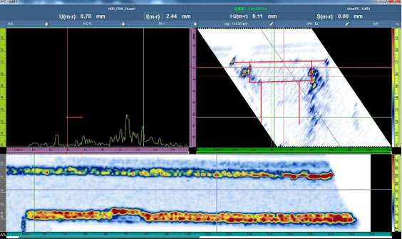 OmniScan MX2超音波フェーズドアレイ探傷器によって示された、摩擦攪拌接合部で検出された欠陥のスキャン画像