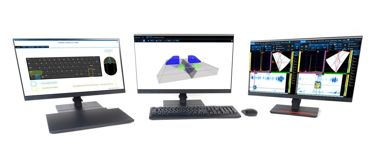 OmniPC无损检测数据分析软件用于超声相控阵检测的功能，包括快捷方式、增益、夹角和偏移校正，以及多个数据文件的比较