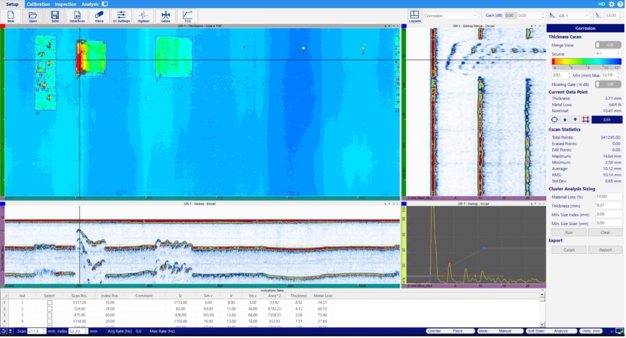 Corrosion manager window of Olympus’ WeldSight advanced analysis software 