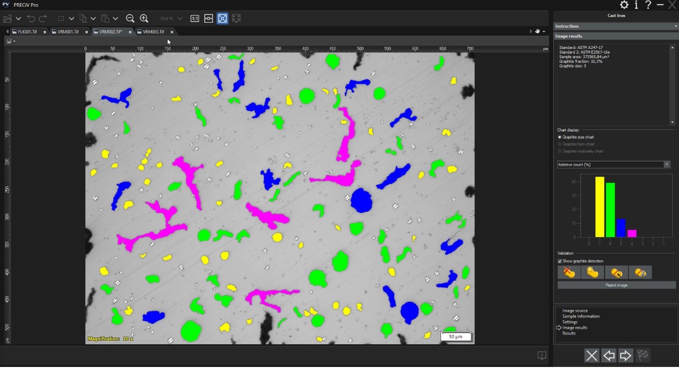 Metallography workflow in PRECiV software showing detected graphite and particle sizes in accordance with ASTM standards