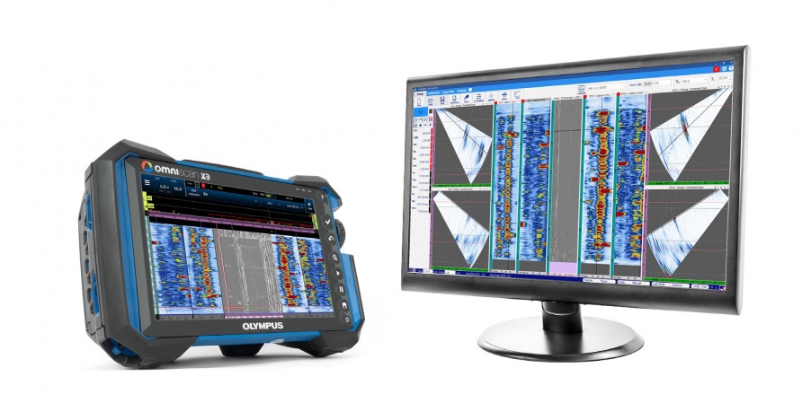 OmniScan™ X3 위상배열 결함 탐상기와 컴퓨터 화면의 WeldSight 고급 분석 소프트웨어
