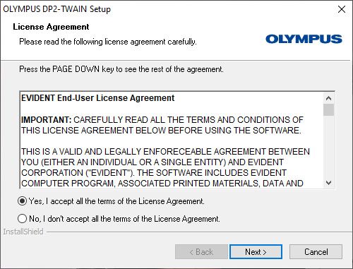 4) [License Agreement] will appear. Read the OLYMPUS END-USER LICENSE AGREEMENT. If you agree, select [Yes] and click the [Next] button.