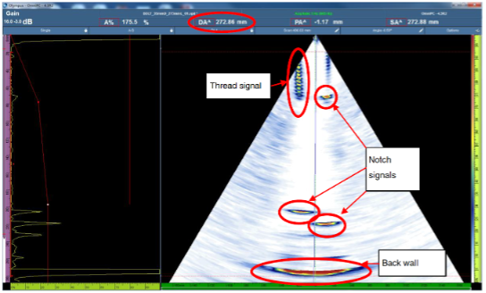 Phased array scan results on a steel bolt shown on OmniPC™ analysis software