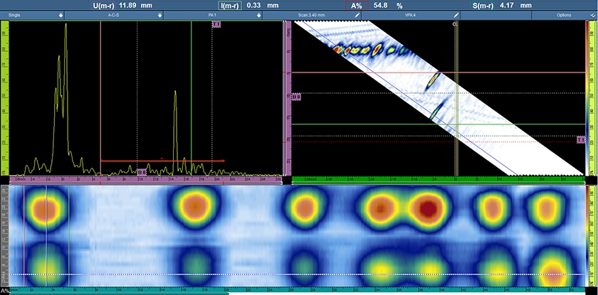 Das OmniScan MX2 Prüfgerät zeigt die Ansichten der Phased-Array-Ultraschallprüfung eines Rohr mit einem AD von 4,5 Zoll unter Verwendung eines Fokusvorlaufkeils für die passive Achse im C-Bild, S-Bild und A-Bild an. 