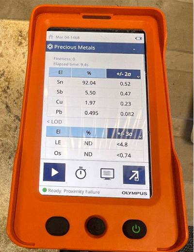 Elemental analysis results of a cast bar made from tin-bearing scrap