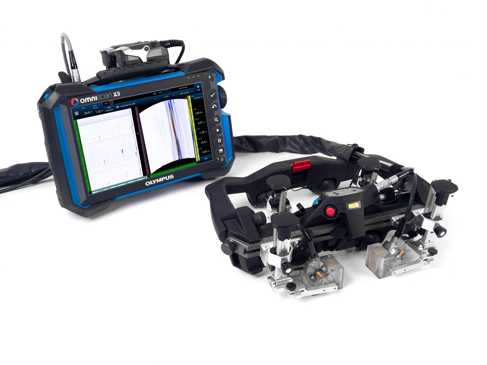 OmniScan X3相控阵探伤仪，带有用于钢管焊缝检查的奥林巴斯AxSEAM长焊缝扫查器