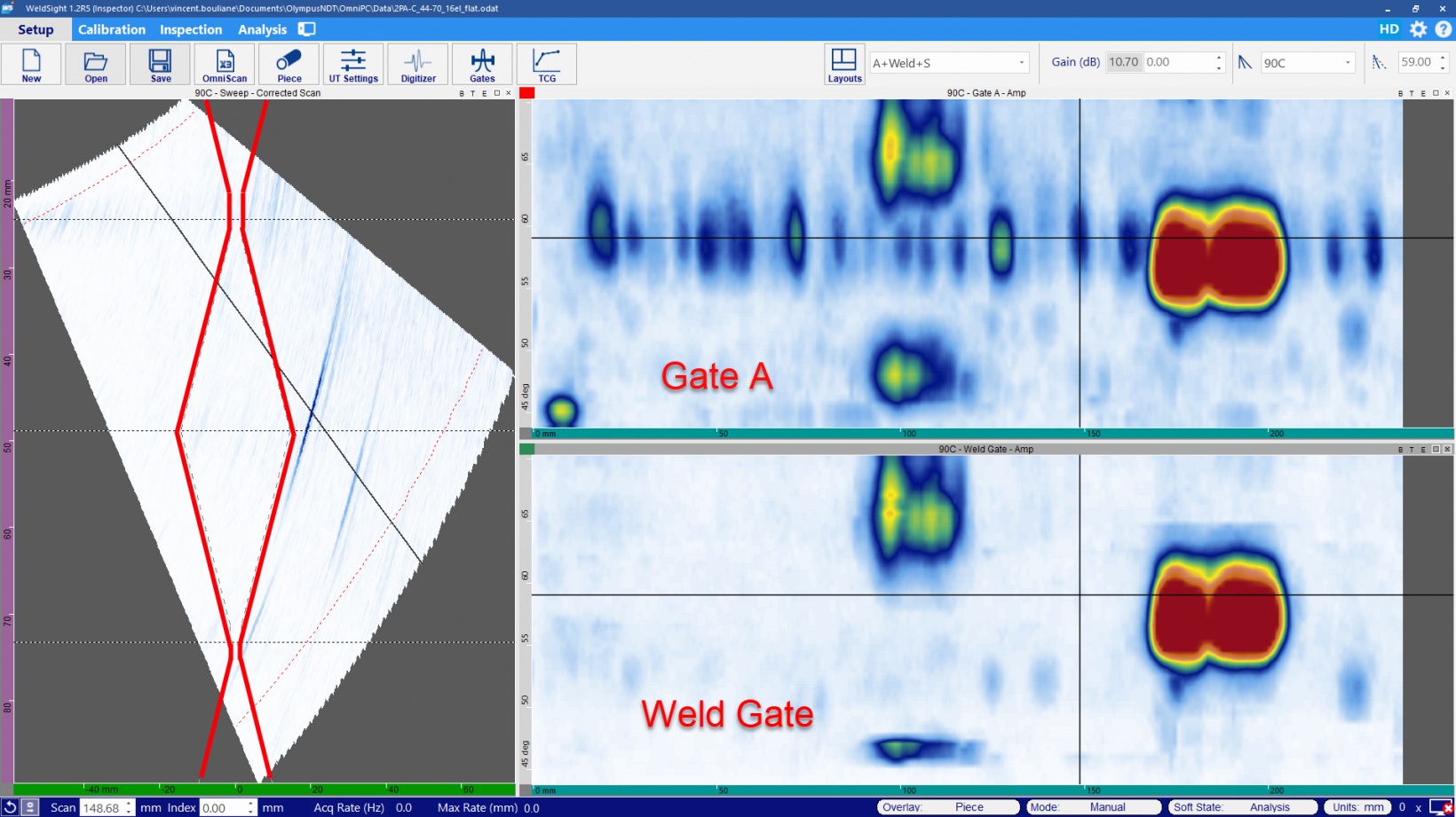 용접 내부 및 열영향부의 데이터만으로 C-스캔을 생성하는 WeldSight 소프트웨어의 용접 게이트.